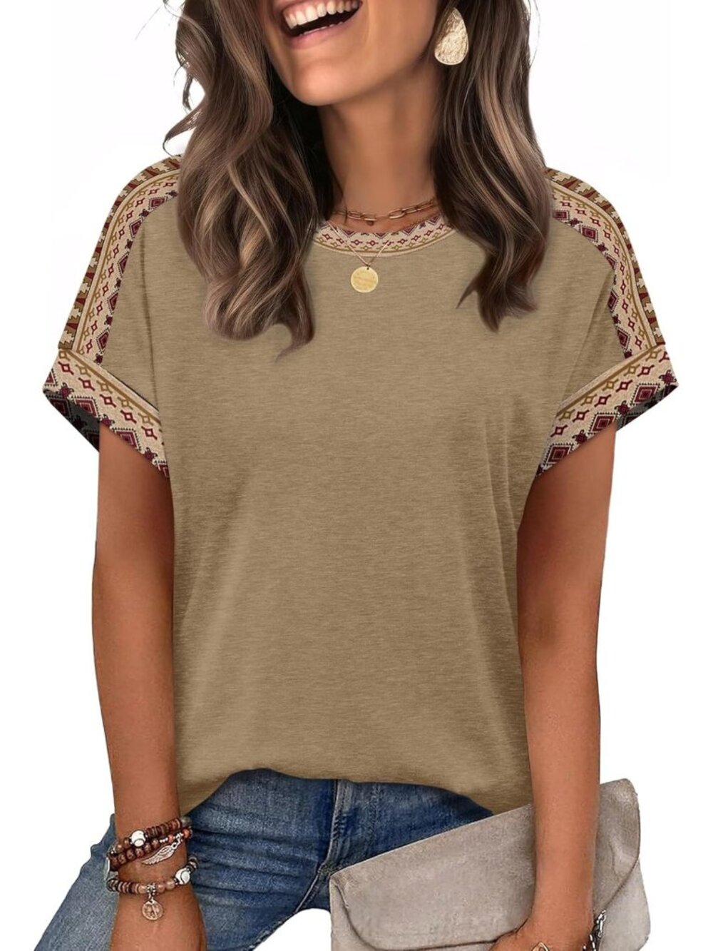 Women's Beige Striped Crewneck Short Sleeve Classic Loose Fit Summer Shirt